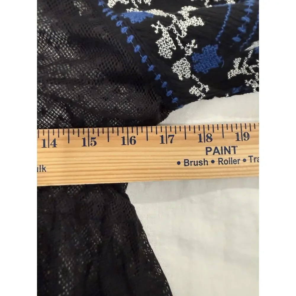 Free People Black Blue Embroidered Tassel Lace Blouse XS Boho Festival Y2K